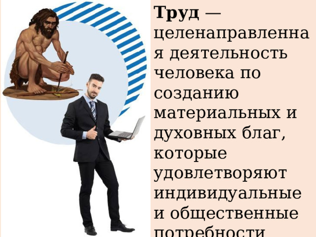 Труд — целенаправленная деятельность человека по созданию материальных и духовных благ, которые удовлетворяют индивидуальные и общественные потребности 