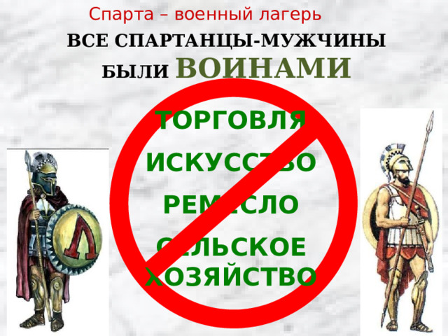 Спарта – военный лагерь ВСЕ СПАРТАНЦЫ-МУЖЧИНЫ БЫЛИ ВОИНАМИ ТОРГОВЛЯ ИСКУССТВО РЕМЕСЛО СЕЛЬСКОЕ ХОЗЯЙСТВО 