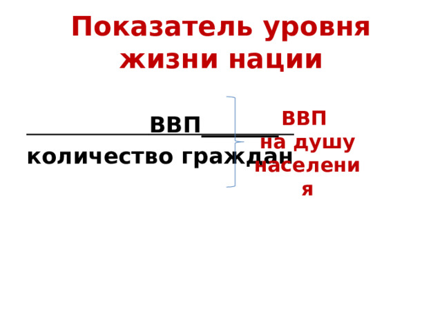 Показатель уровня жизни нации   ВВП_______ количество граждан ВВП на душу населения 