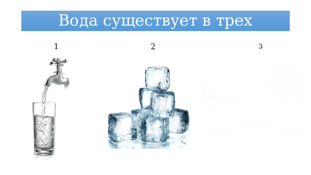 Вода существует в трех состояниях: 1 2 3 