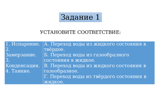 Задание 1 УСТАНОВИТЕ СООТВЕТСТВИЕ: 1. Испарение. 2. Замерзание. А. Переход воды из жидкого состояния в твёрдое. 3. Конденсация. Б. Переход воды из газообразного состояния в жидкое. 4. Таяние. В. Переход воды из жидкого состояния в газообразное. Г. Переход воды из твёрдого состояния в жидкое. 
