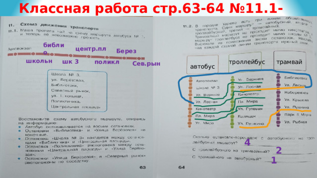 Классная работа стр.63-64 №11.1-11.2 библио центр.пл Берез школьн шк 3 троллейбус трамвай поликл Сев.рын автобус 4 2 1 
