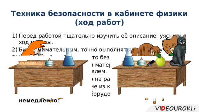 Техника безопасности в кабинете физики  (ход работ) Перед работой тщательно изучить её описание, уяснить ход работы. Быть внимательным, точно выполнять указания учителя. Не покидать рабочее место без разрешения учителя. Приборы, оборудование и материалы располагать в порядке, указанном учителем. Не иметь ничего лишнего на рабочем месте. Не выносить оборудование из кабинета. О неполадках в работе оборудования сообщать учителю немедленно . Лабораторная работа 