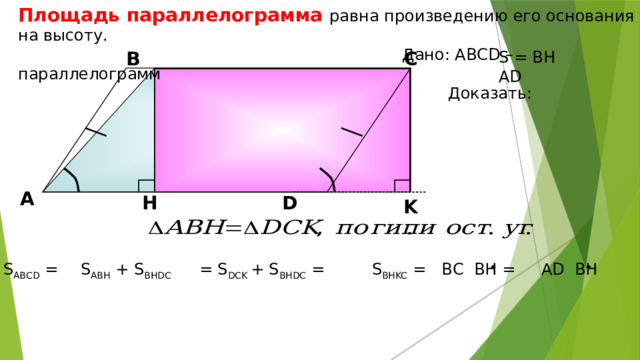 Площадь параллелограмма равна произведению его основания на высоту.  Дано: АВСD –параллелограмм  Доказать: В С S = BH AD А H D K S ABH + S BHDC = S DCK + S BHDC = S BHKC = BC BH = S ABCD = AD BH  7 
