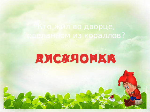 Кто жил во дворце, сделанном из кораллов? РУСАЛОЧКА АЛСУЧОРАК 