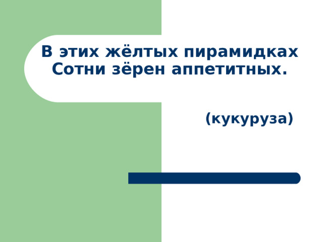 В этих жёлтых пирамидках  Сотни зёрен аппетитных.    (кукуруза)    