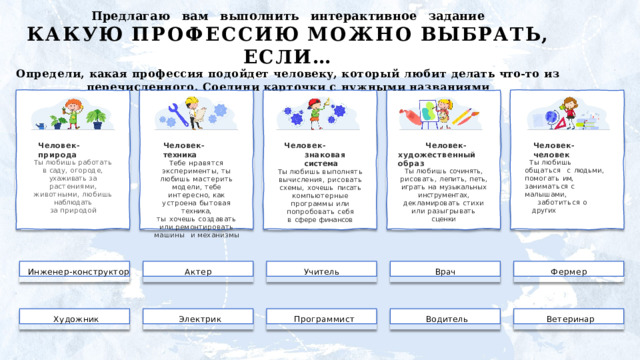 Предлагаю  вам  выполнить  интерактивное  задание  КАКУЮ  ПРОФЕССИЮ  МОЖНО  ВЫБРАТЬ,  ЕСЛИ…  Определи,  какая профессия  подойдет  человеку,  который  любит  делать  что- то из  перечисленного.  Соедини  карточки  с  нужными  названиями Человек- знаковая система Человек- художественный  образ Человек-природа Человек- техника Человек- человек Ты  любишь  работать Ты  любишь  общаться  с  людьми,  помогать  им, заниматься  с  малышами, в  саду,  огороде,  ухаживать за  растениями,  животными, любишь  наблюдать заботиться  о  других за  природой Тебе  нравятся эксперименты,  ты  любишь мастерить  модели,  тебе интересно,  как  устроена бытовая  техника, ты  хочешь  создавать  или ремонтировать  машины  и  механизмы Ты  любишь  сочинять, рисовать,  лепить,  петь, играть  на  музыкальных инструментах, декламировать  стихи  или разыгрывать  сценки Ты  любишь  выполнять вычисления,  рисовать схемы,  хочешь  писать компьютерные  программы или  попробовать  себя в  сфере  финансов Актер Врач Учитель Фермер Инженер- конструктор Программист Водитель Ветеринар Электрик Художник 