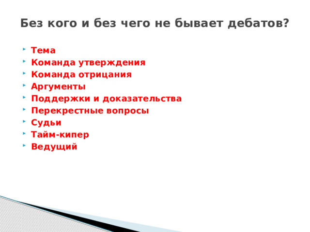 Без кого и без чего не бывает дебатов? Тема  Команда утверждения Команда отрицания Аргументы  Поддержки и доказательства Перекрестные вопросы Судьи Тайм-кипер  Ведущий 