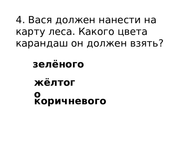 4. Вася должен нанести на карту леса. Какого цвета карандаш он должен взять? зелёного жёлтого коричневого 