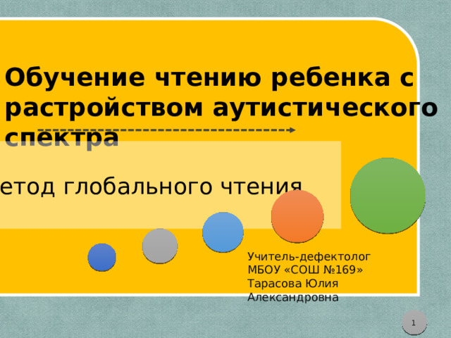  Обучение чтению ребенка с растройством аутистического спектра Метод глобального чтения Учитель-дефектолог МБОУ «СОШ №169» Тарасова Юлия Александровна   