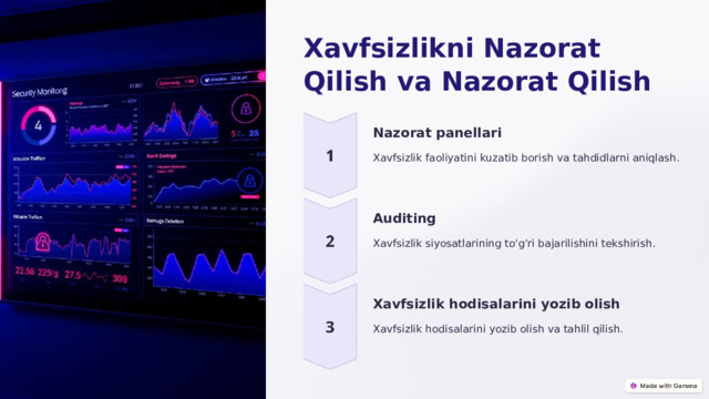 Xavfsizlikni Nazorat Qilish va Nazorat Qilish Nazorat panellari Xavfsizlik faoliyatini kuzatib borish va tahdidlarni aniqlash. Auditing Xavfsizlik siyosatlarining to'g'ri bajarilishini tekshirish. Xavfsizlik hodisalarini yozib olish Xavfsizlik hodisalarini yozib olish va tahlil qilish.  