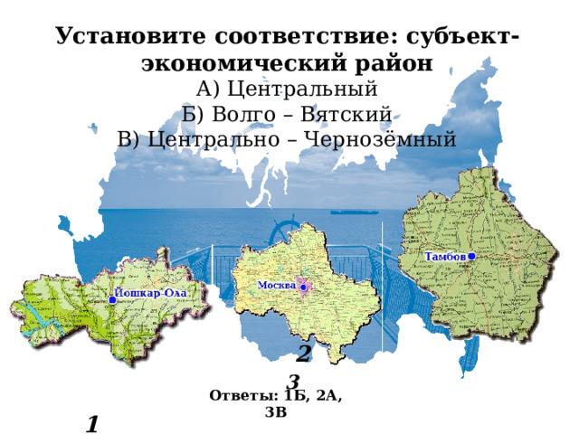 Установите соответствие: субъект-экономический район  А) Центральный  Б) Волго – Вятский  В) Центрально – Чернозёмный         2 3  1 Ответы: 1Б, 2А, 3В 