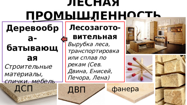 ЛЕСНАЯ ПРОМЫШЛЕННОСТЬ Лесозагото-вительная Вырубка леса, транспортировка или сплав по рекам (Сев. Двина, Енисей, Печора, Лена) Деревообра-батывающая Строительные материалы, спички, мебель ДСП ДВП фанера 