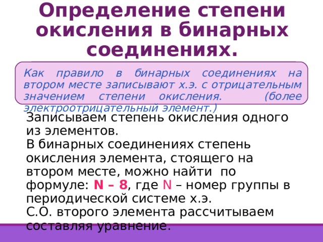 Определение степени окисления в бинарных соединениях. Как правило в бинарных соединениях на втором месте записывают х.э. с отрицательным значением степени окисления. (более электроотрицательный элемент.) Записываем степень окисления одного из элементов. В бинарных соединениях степень окисления элемента, стоящего на втором месте, можно найти по формуле: N – 8 , где N – номер группы в периодической системе х.э. С.О. второго элемента рассчитываем составляя уравнение. 