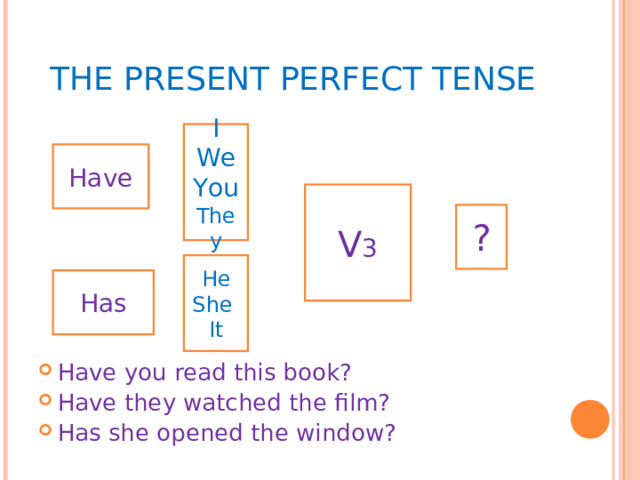 THE PRESENT PERFECT TENSE Have you read this book? Have they watched the film? Has she opened the window?   I We You They Have V 3 ? He She It Has 