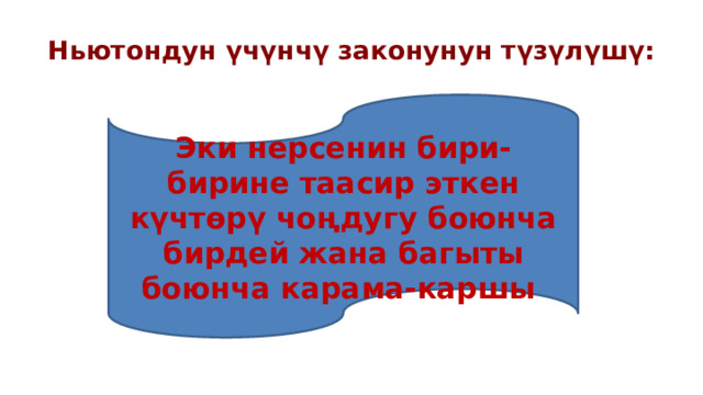 Ньютондун үчүнчү законунун түзүлүшү: Эки нерсенин бири-бирине таасир эткен күчтөрү чоңдугу боюнча бирдей жана багыты боюнча карама-каршы 