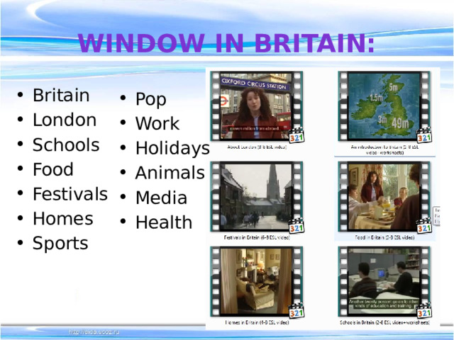 Window in Britain: Britain London Schools Food Festivals Homes Sports Pop Work Holidays Animals Media Health 