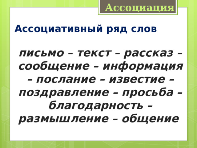 Ассоциация Ассоциативный ряд слов письмо – текст – рассказ – сообщение – информация – послание – известие – поздравление – просьба – благодарность – размышление – общение 
