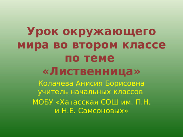 Урок окружающего мира во втором классе по теме  «Лиственница»   Колачева Анисия Борисовна учитель начальных классов МОБУ «Хатасская СОШ им. П.Н. и Н.Е. Самсоновых» 