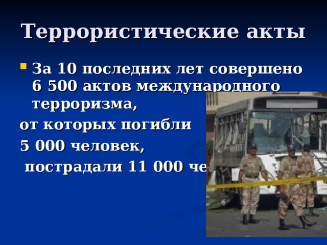 Террористические акты За 10 последних лет совершено 6 500 актов международного терроризма, от которых погибли 5 000 человек,  пострадали 11 000 человек. 