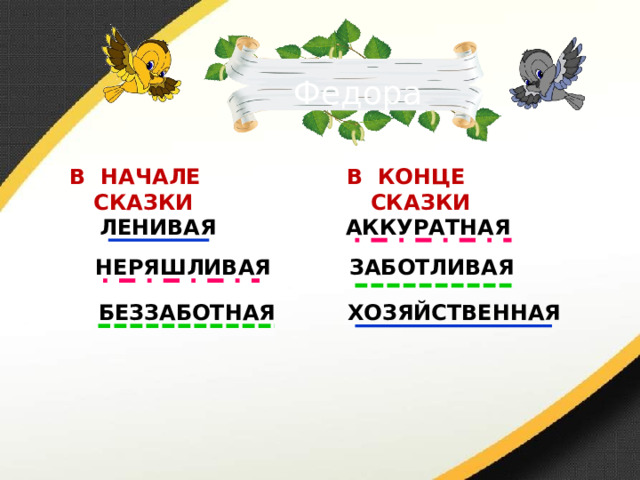 Федора В КОНЦЕ СКАЗКИ В НАЧАЛЕ СКАЗКИ ЛЕНИВАЯ АККУРАТНАЯ  НЕРЯШЛИВАЯ ЗАБОТЛИВАЯ ХОЗЯЙСТВЕННАЯ БЕЗЗАБОТНАЯ 