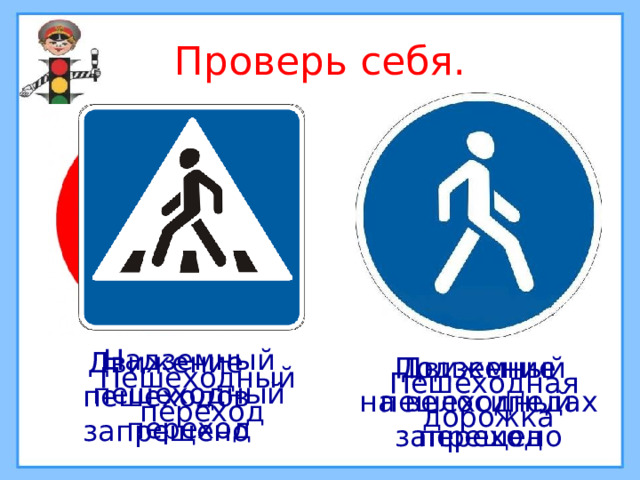 Проверь себя. Надземный пешеходный переход Движение пешеходов запрещено Движение Подземный пешеходный на велосипедах запрещено переход Пешеходный  переход Пешеходная дорожка 