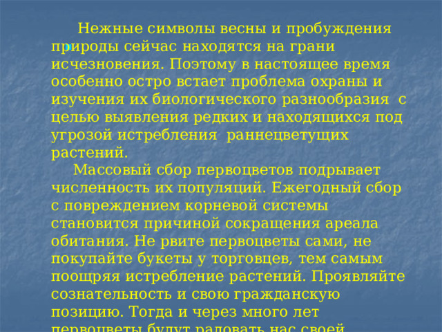  Нежные символы весны и пробуждения природы сейчас находятся на грани исчезновения. Поэтому в настоящее время особенно остро встает проблема охраны и изучения их биологического разнообразия  с целью выявления редких и находящихся под угрозой истребления  раннецветущих растений. Массовый сбор первоцветов подрывает численность их популяций. Ежегодный сбор с повреждением корневой системы становится причиной сокращения ареала обитания. Не рвите первоцветы сами, не покупайте букеты у торговцев, тем самым поощряя истребление растений. Проявляйте сознательность и свою гражданскую позицию. Тогда и через много лет первоцветы будут радовать нас своей хрупкой и нежной красотой. 