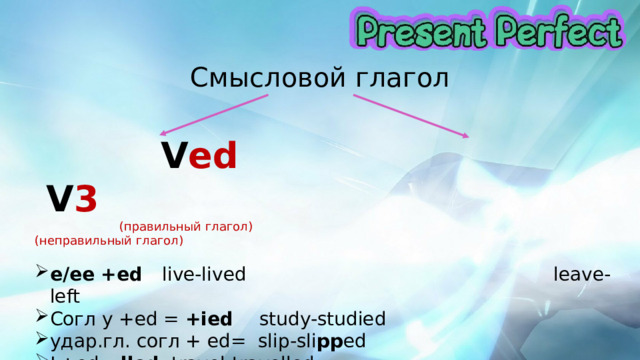 Смысловой глагол  V ed  V 3  (правильный глагол) (неправильный глагол) e/ee +ed live-lived leave-left Согл y +ed = +ied study-studied удар.гл. согл + ed= slip-sli pp ed L+ed= lled travel-travelled ic +ed= icked panic-panicked  
