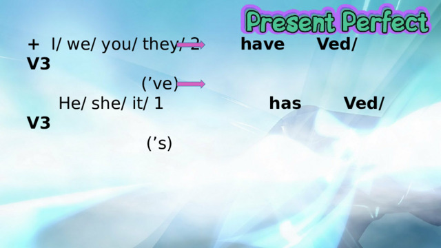 + I/ we/ you/ they/ 2   have  Ved/ V3       (’ve)  He/ she/ it/ 1 has  Ved/ V3       (’s) 