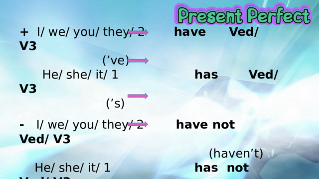 + I/ we/ you/ they/ 2   have  Ved/ V3       (’ve)  He/ she/ it/ 1 has  Ved/ V3       (’s) - I/ we/ you/ they/ 2  have not Ved/ V3  (haven’t)  He/ she/ it/ 1 has not Ved/ V3 