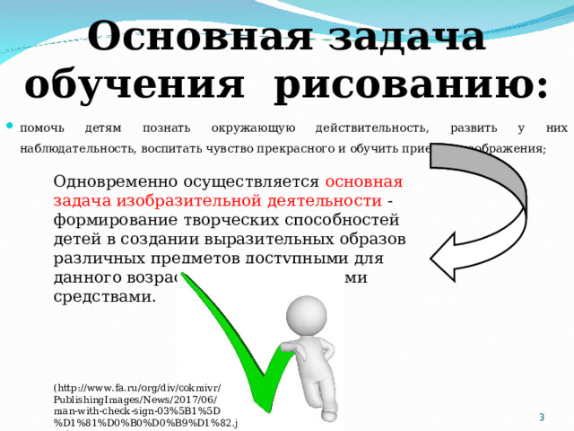 Основная задача обучения  рисованию: помочь детям познать окружающую действительность, развить у них наблюдательность, воспитать чувство прекрасного и обучить приемам изображения; Одновременно осуществляется основная задача изобразительной деятельности - формирование творческих способностей детей в создании выразительных образов различных предметов доступными для данного возраста изобразительными средствами. ( http://www.fa.ru/org/div/cokmivr/PublishingImages/News/2017/06/man-with-check-sign-03%5B1%5D%D1%81%D0%B0%D0%B9%D1%82.jpg )  