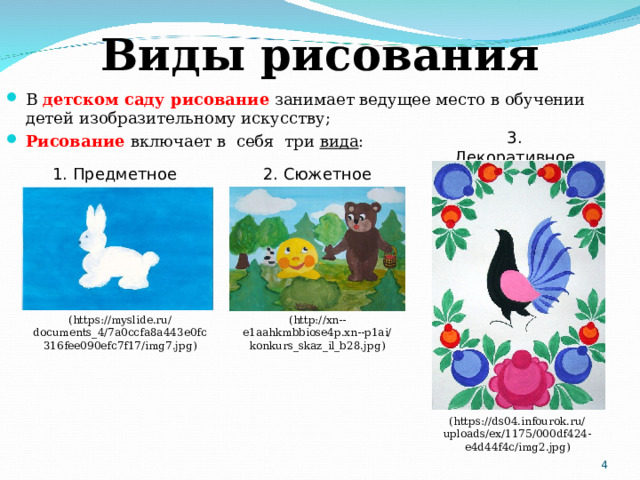 Виды рисования В  детском саду рисование  занимает ведущее место в обучении детей изобразительному искусству; Рисование включает в себя три  вида : 3. Декоративное 1. Предметное 2. Сюжетное ( https://myslide.ru/documents_4/7a0ccfa8a443e0fc316fee090efc7f17/img7.jpg ) ( http://xn--e1aahkmbbiose4p.xn--p1ai/konkurs_skaz_il_b28.jpg ) ( https://ds04.infourok.ru/uploads/ex/1175/000df424-e4d44f4c/img2.jpg )  