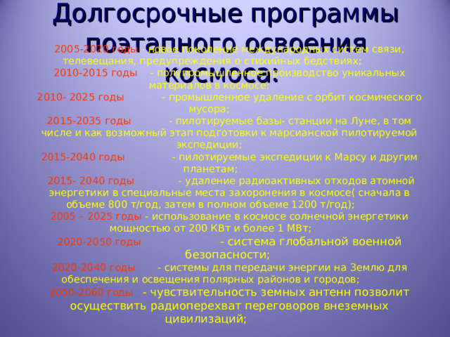 Долгосрочные программы поэтапного освоения космоса: 2005-2020 годы - новое поколение международных систем связи, телевещания, предупреждения о стихийных бедствиях; 2010-2015 годы - полупромышленное производство уникальных материалов в космосе; 2010- 2025 годы - промышленное удаление с орбит космического мусора; 2015-2035 годы - пилотируемые базы- станции на Луне, в том числе и как возможный этап подготовки к марсианской пилотируемой экспедиции; 2015-2040 годы - пилотируемые экспедиции к Марсу и другим планетам;  2015- 2040 годы - удаление радиоактивных отходов атомной энергетики в специальные места захоронения в космосе( сначала в объеме 800 т/год, затем в полном объеме 1200 т/год); 2005 – 2025 годы - использование в космосе солнечной энергетики мощностью от 200 КВт и более 1 МВт; 2020-2050 годы - система глобальной военной безопасности;  2020-2040 годы - системы для передачи энергии на Землю для обеспечения и освещения полярных районов и городов; 2050-2060 годы - чувствительность земных антенн позволит осуществить радиоперехват переговоров внеземных цивилизаций; 