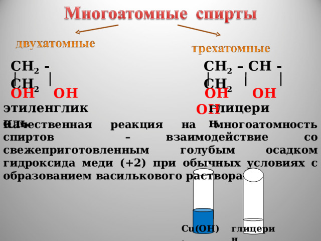 СН 2 - СН 2  СН 2 – СН - СН 2   ОН ОН  ОН ОН  ОН глицерин этиленгликоль Качественная реакция на многоатомность спиртов – взаимодействие со свежеприготовленным голубым осадком гидроксида меди (+2) при обычных условиях с образованием василькового раствора глицерин Cu(OH) 2 