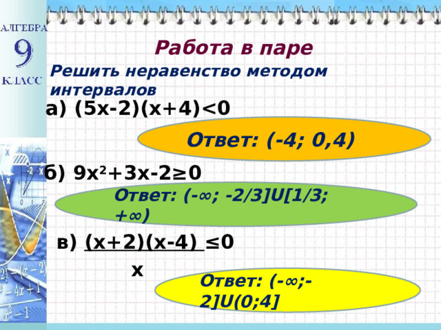 Работа в паре Решить неравенство методом интервалов а) (5х-2)(х+4) Ответ: (-4; 0,4) б) 9х 2 +3х-2≥0 Ответ: (-∞; -2/3]U[1/3; +∞) в) (х+2)(х-4) ≤0  х Ответ: (-∞;-2]U(0;4] 