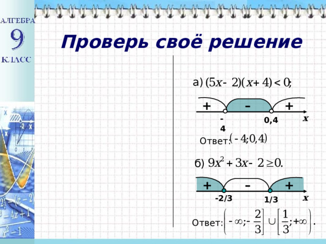 Проверь своё решение а) + – +  x -4 0,4 Ответ:  б) – + +  x -2/3 1/3 Ответ: 