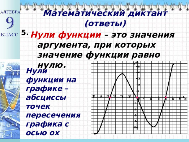 Математический диктант  (ответы) 5. Нули функции – это значения аргумента, при которых значение функции равно нулю. Нули функции на графике – абсциссы точек пересечения графика с осью ох 