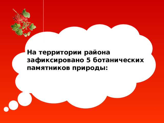 На территории района зафиксировано 5 ботанических памятников природы: 