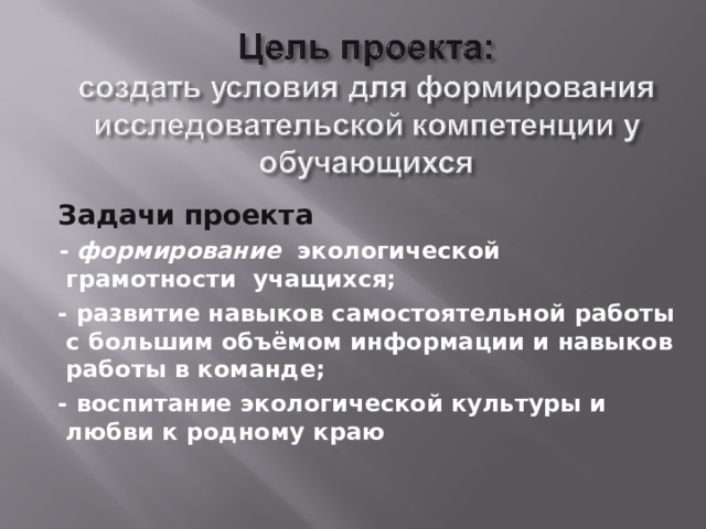 Задачи проекта - формирование экологической грамотности учащихся; - развитие навыков самостоятельной работы с большим объёмом информации и навыков работы в команде; - воспитание экологической культуры и любви к родному краю 