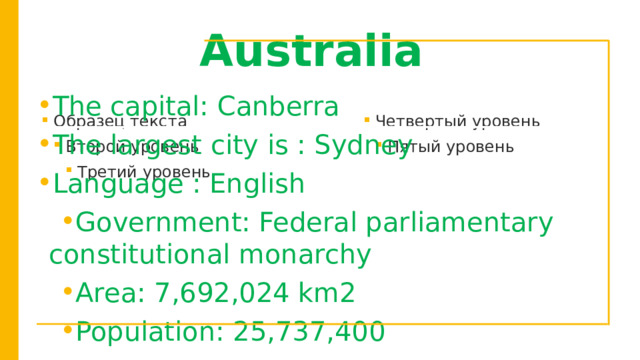 Australia The capital: Canberra The largest city is : Sydney Language : English Government: Federal parliamentary constitutional monarchy Area: 7,692,024 km2 Population: 25,737,400  