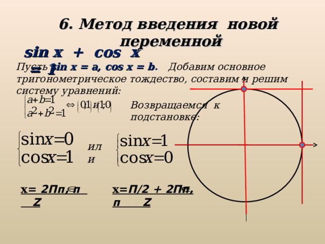 6 . Метод введения новой переменной sin x + cos x = 1 Пусть sin x = а, cos x = b . Добавим основное тригонометрическое тождество, составим и решим систему  уравнений:  Возвращаемся к подстановке: или х= П/2 + 2Пп, п   Z х =  2Пп, п   Z 