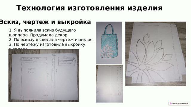 Технология изготовления изделия Эскиз, чертеж и выкройка 1. Я выполнила эскиз будущего шоппера. Продумала декор.  2. По эскизу я сделала чертеж изделия.  3. По чертежу изготовила выкройку шоппера.   
