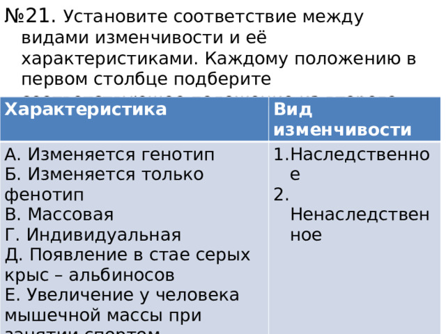№ 21. Установите соответствие между видами изменчивости и её характеристиками. Каждому положению в первом столбце подберите соответствующее положение из второго столбца Характеристика Вид изменчивости А. Изменяется генотип Б. Изменяется только фенотип Наследственное 2. Ненаследственное В. Массовая Г. Индивидуальная Д. Появление в стае серых крыс – альбиносов Е. Увеличение у человека мышечной массы при занятии спортом 