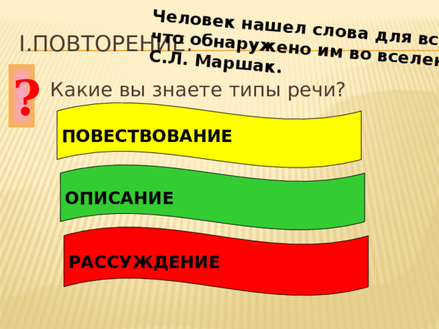 Человек нашел слова для всего, что обнаружено им во вселенной. С.Л. Маршак. I.Повторение. ?  Какие вы знаете типы речи? ПОВЕСТВОВАНИЕ ОПИСАНИЕ РАССУЖДЕНИЕ 