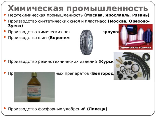 Химическая промышленность Нефтехимическая промышленность (Москва, Ярославль, Рязань) Производство синтетических смол и пластмасс (Москва, Орехово-Зуево) Производство химических волокон (Клин, Серпухов, Рязань) Производство шин (Воронеж) Производство резинотехнических изделий (Курск, Тамбов) Производство витаминных препаратов (Белгород) Производство фосфорных удобрений (Липецк) 