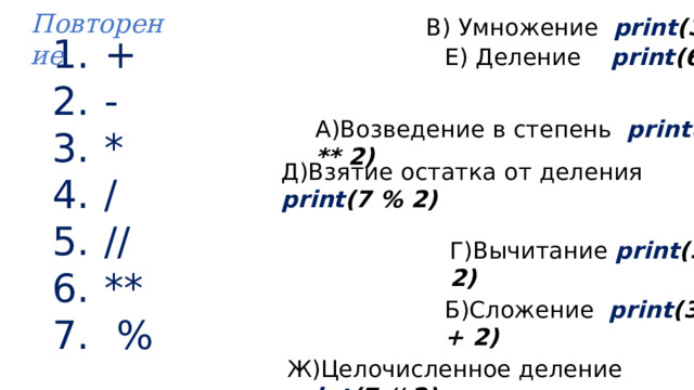 Повторение В) Умножение print (3 * 2) + - * / // **  % Е) Деление print (6 / 2) А)Возведение в степень print (6 ** 2) Д)Взятие остатка от деления print (7 % 2) Г)Вычитание print (3 - 2) Б)Сложение print (3 + 2) Ж)Целочисленное деление print (7 // 2) 