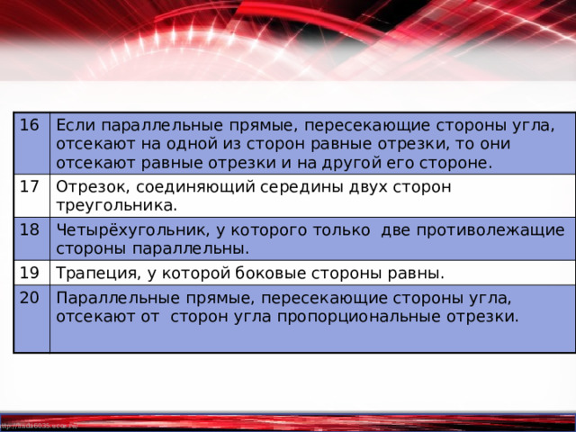 16 Если параллельные прямые, пересекающие стороны угла, отсекают на одной из сторон равные отрезки, то они отсекают равные отрезки и на другой его стороне. 17 Отрезок, соединяющий середины двух сторон треугольника. 18 Четырёхугольник, у которого только две противолежащие стороны параллельны. 19 Трапеция, у которой боковые стороны равны. 20 Параллельные прямые, пересекающие стороны угла, отсекают от сторон угла пропорциональные отрезки. 