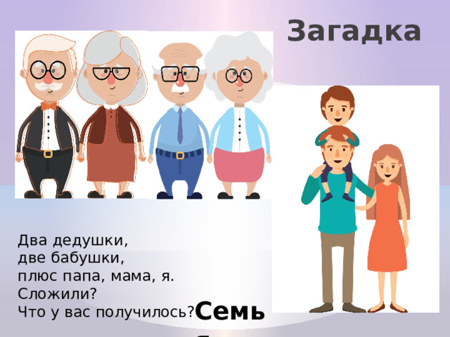 Загадка Два дедушки, две бабушки, плюс папа, мама, я. Сложили? Что у вас получилось? Семья 