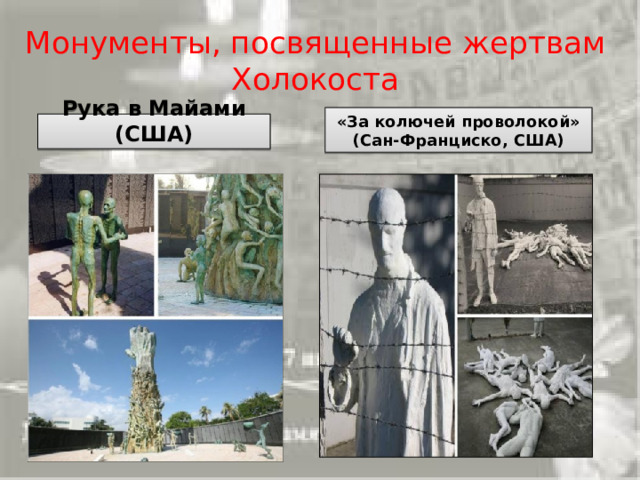 Монументы, посвященные жертвам Холокоста «За колючей проволокой» (Сан-Франциско, США) Рука в Майами (США) 