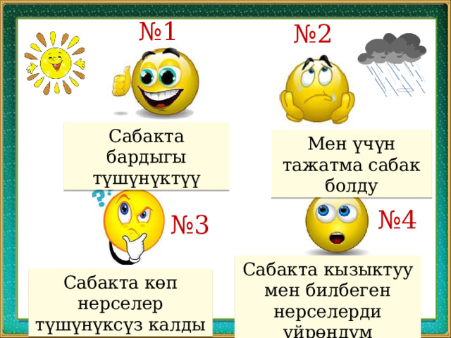 № 1 № 2 Сабакта бардыгы түшүнүктүү Мен үчүн тажатма сабак болду № 4 № 3 Сабакта кызыктуу мен билбеген нерселерди үйрөндүм Сабакта көп нерселер түшүнүксүз калды 